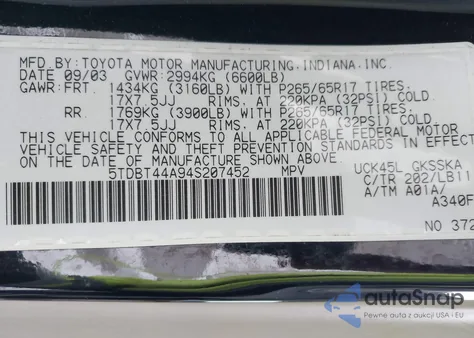 2004 Toyota Sequoia Sr5 V8 from USA, damaged, VIN 5TDBT44A94S207452